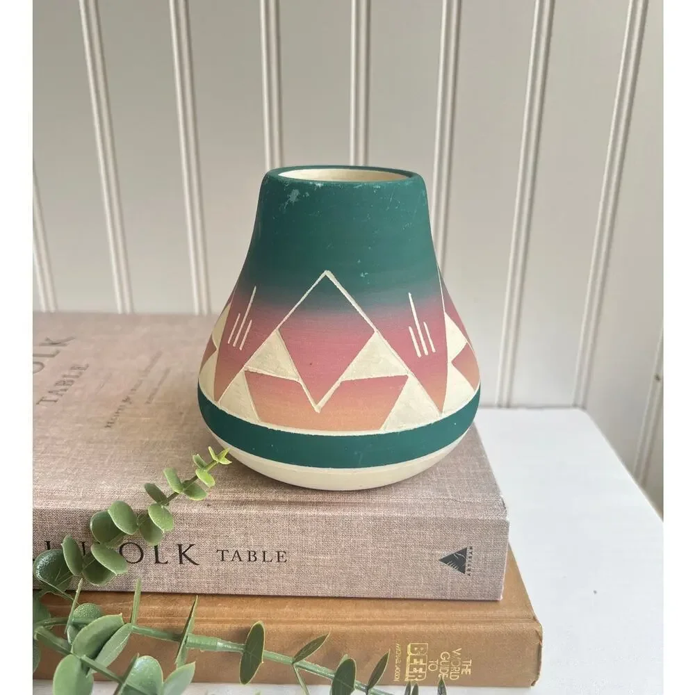 Vintage Sioux Native American Pottery Vase Signed Blue Green Pink Flare Bottom
